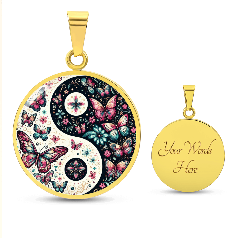 Gold pendants with butterfly yin-yang design and customizable back.
