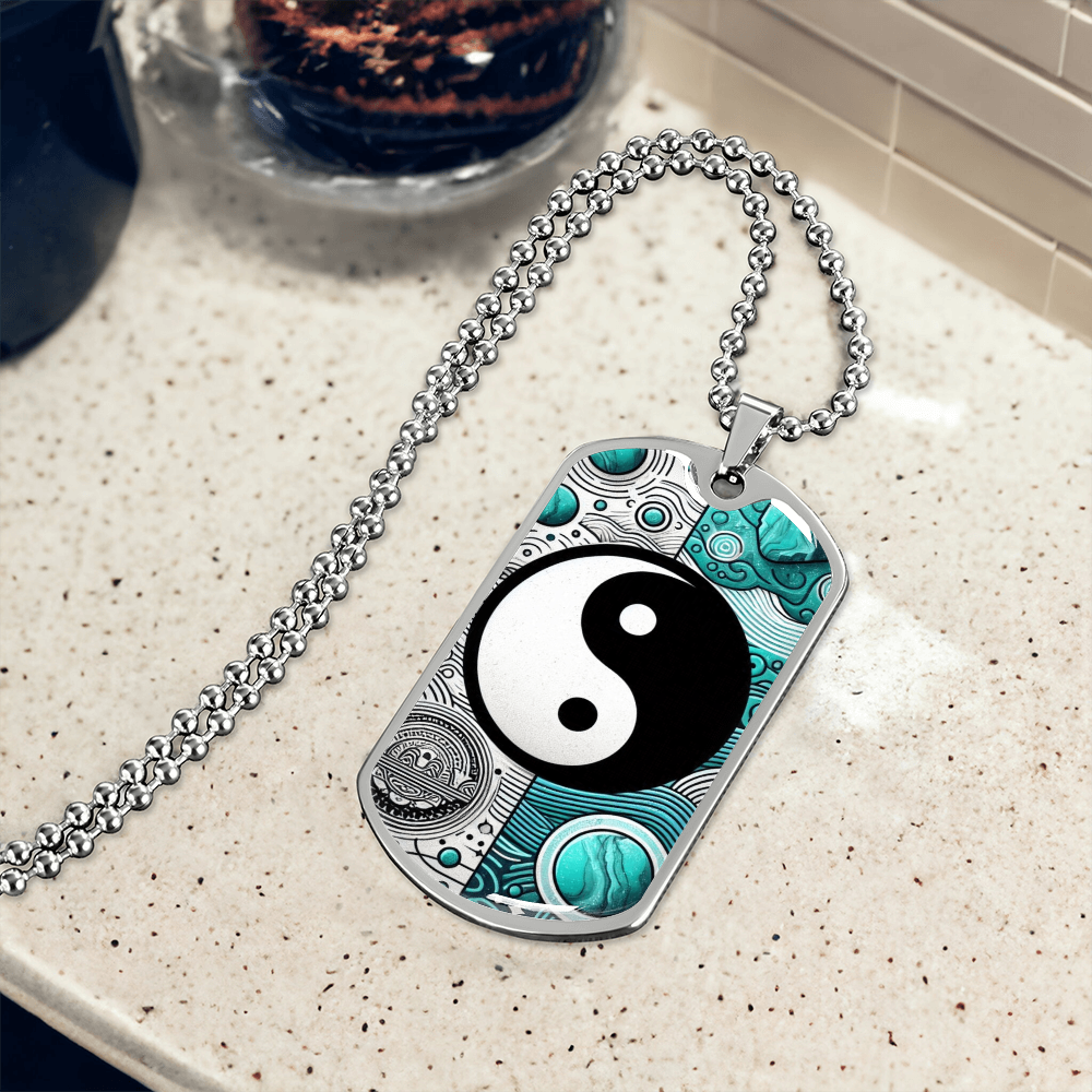 Turquoise Yin Yang Military Tag Necklace Spiritual Balance Pendant for Men Zen Style Jewelry Mindfulness Gift for Him Unique by ShineOn Fulfillment