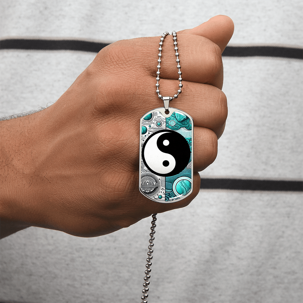 Turquoise Yin Yang Military Tag Necklace Spiritual Balance Pendant for Men Zen Style Jewelry Mindfulness Gift for Him Unique by ShineOn Fulfillment