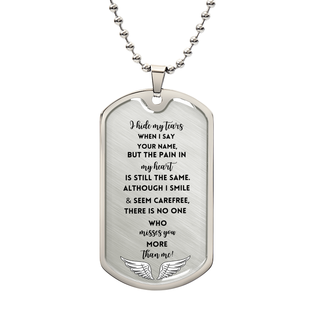Silver military chain dog tag necklace engraved with sentimental memorial message and angel wings design.