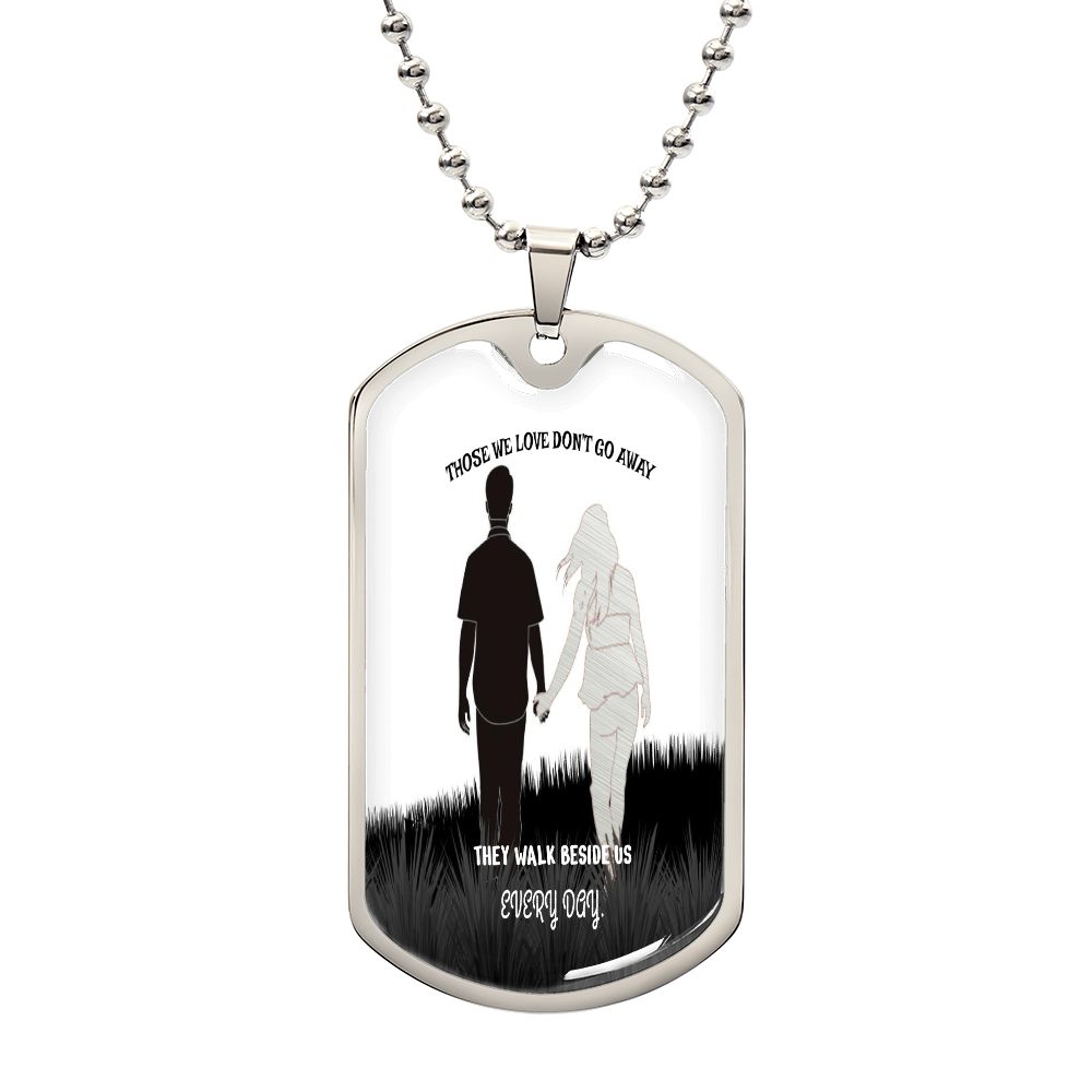 Silver military tag necklace with silhouette of soldier and angel, engraved remembrance quote.