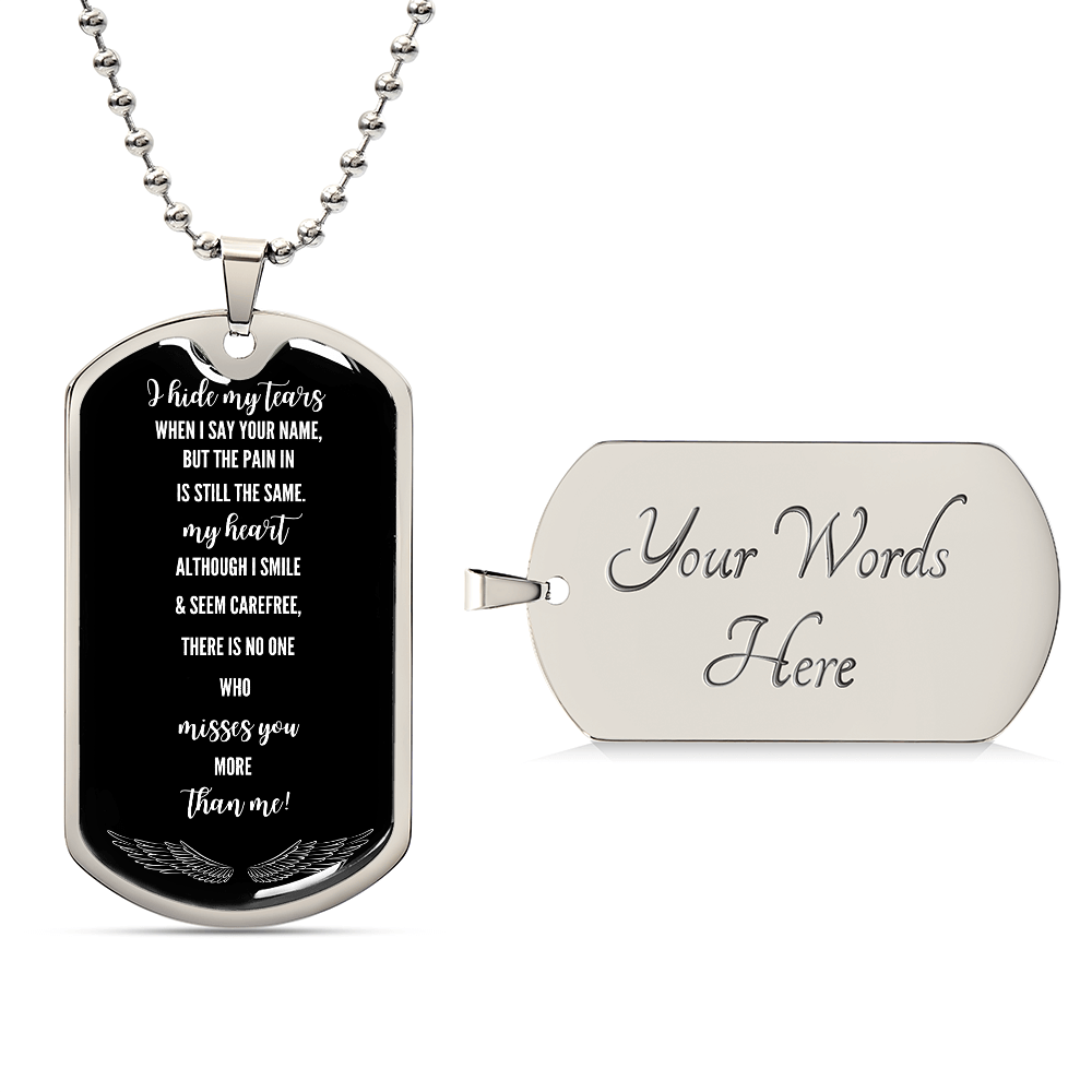 Black military dog tag necklace with silver chain featuring white engraved grief message and a blank silver dog tag for.
