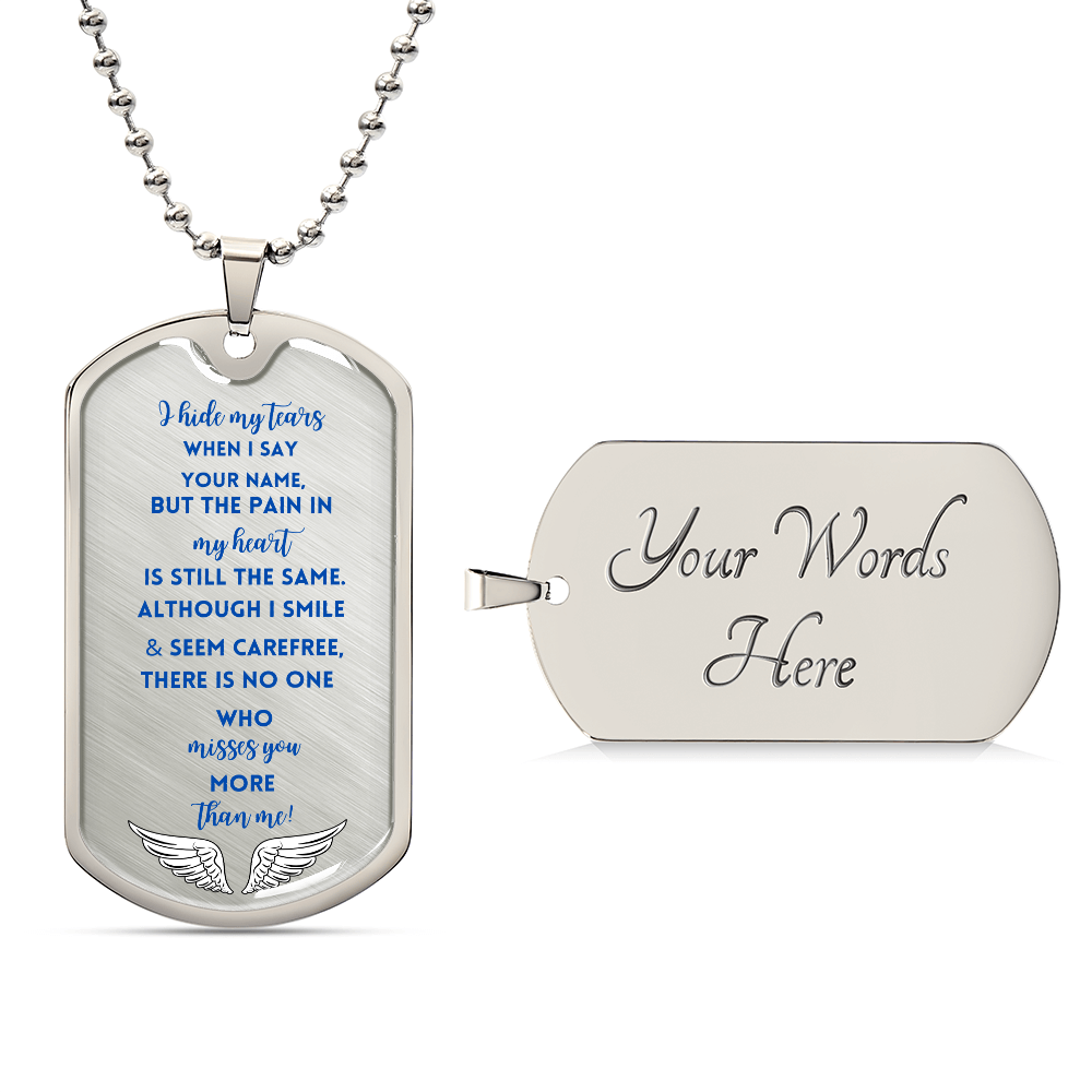 Silver dog tag necklace with engraved heartfelt memorial poem and angel wings on front, customizable message on back.