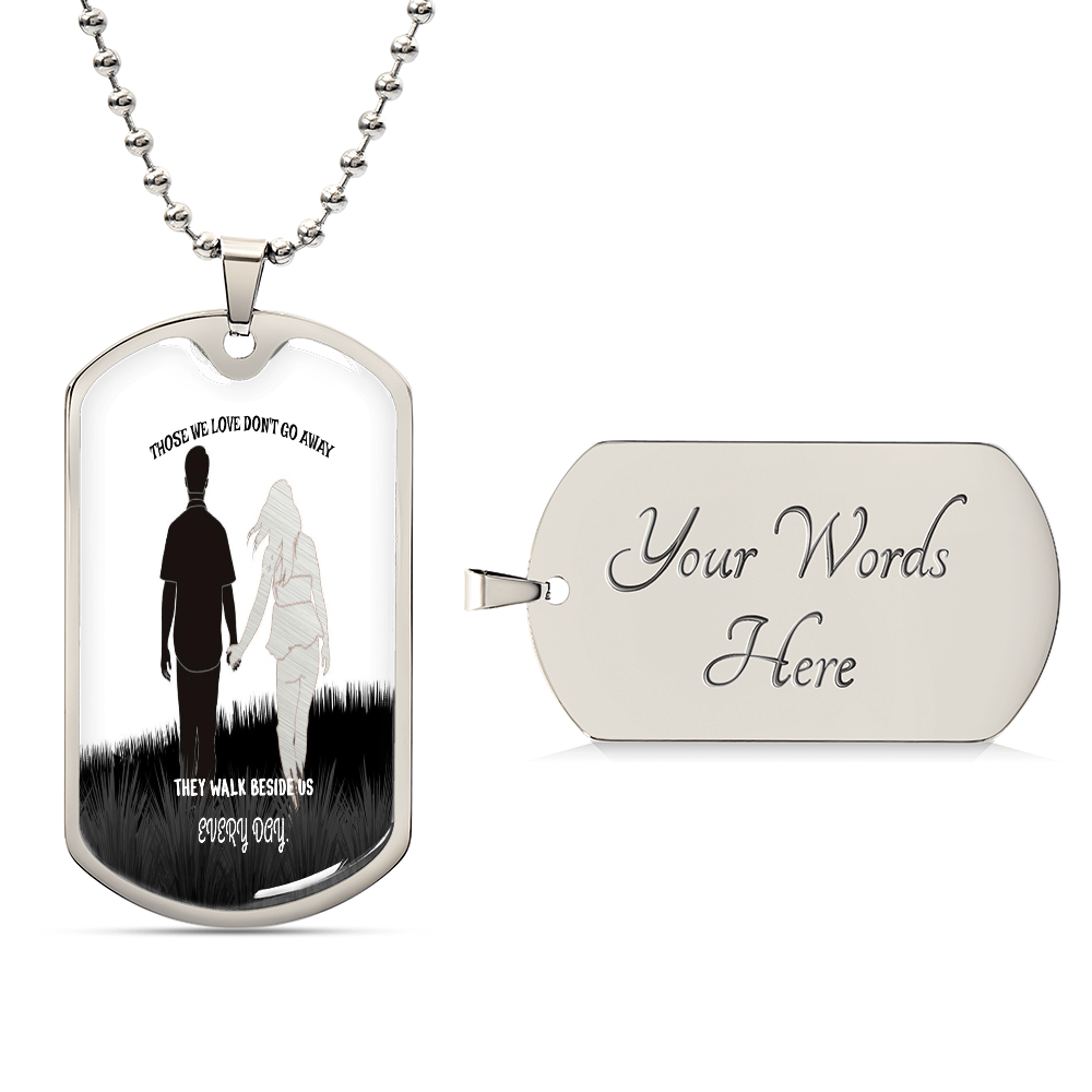 Silver personalized military dog tag necklace with engraved soldier silhouette and customizable back engraving, ball chain.