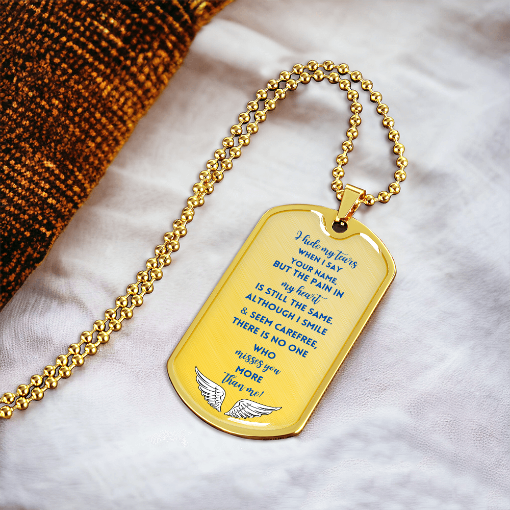 Gold memorial military tag necklace with engraved heartfelt poem and angel wing design on ball chain.