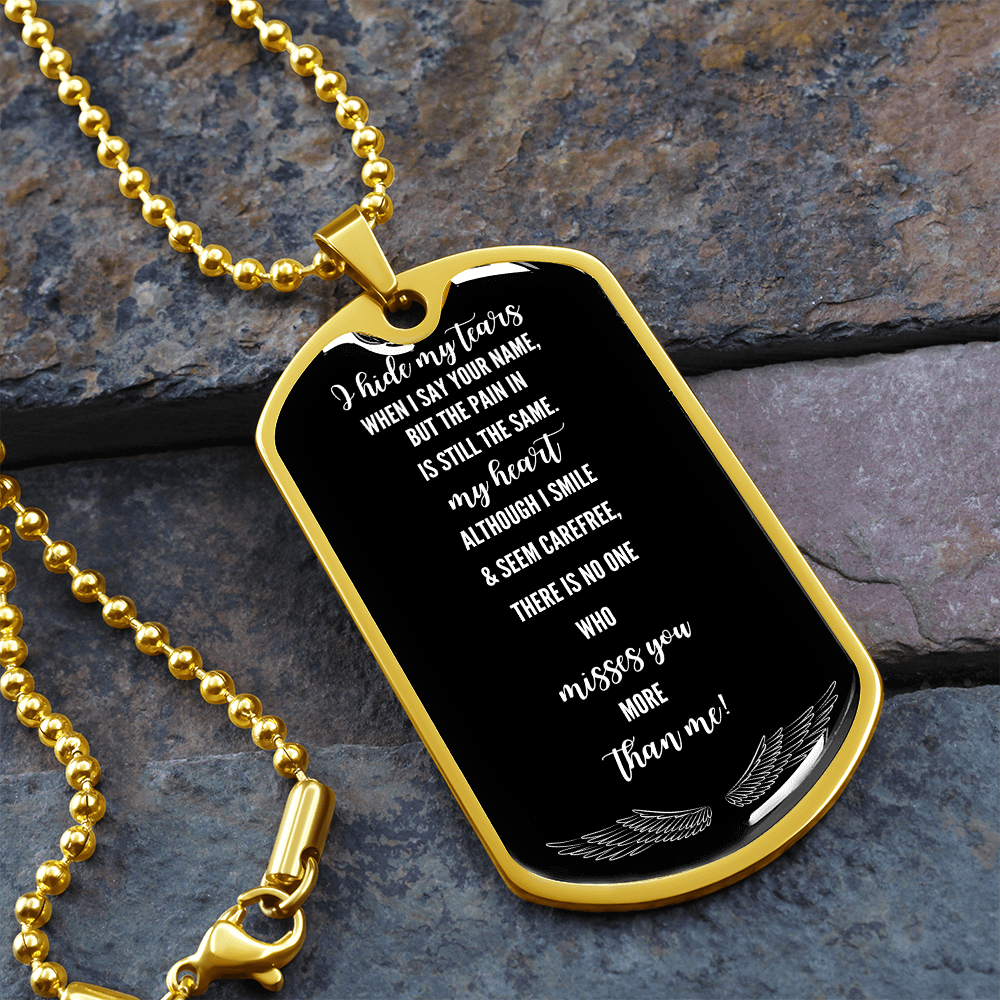 Gold military tag necklace with black enamel center and engraved grief remembrance poem on ball chain.