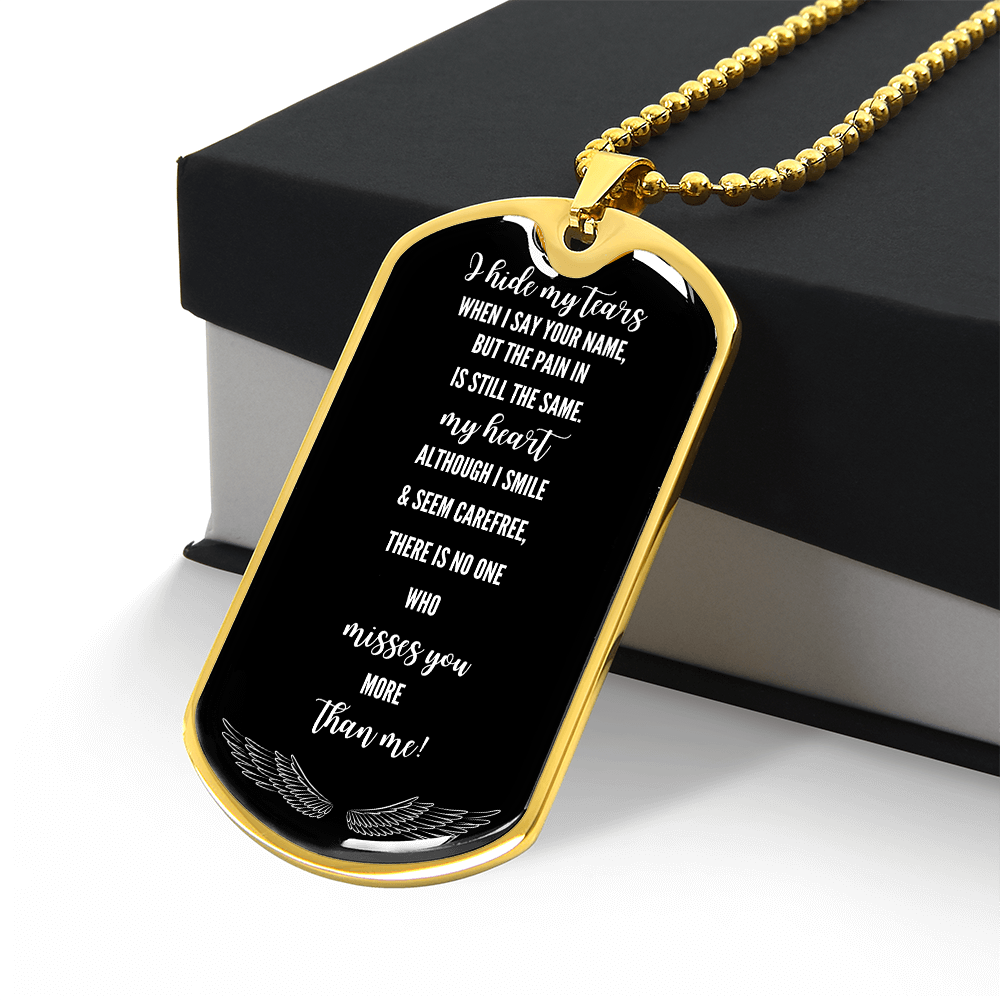 Gold military tag necklace with black engraved plate featuring sentimental grief message text.