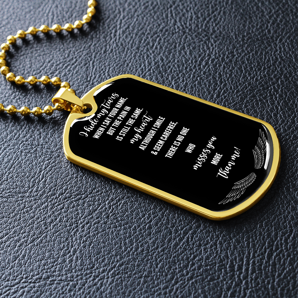 Gold dog tag necklace with black face engraved with white heartfelt memorial poem and angel wings design.