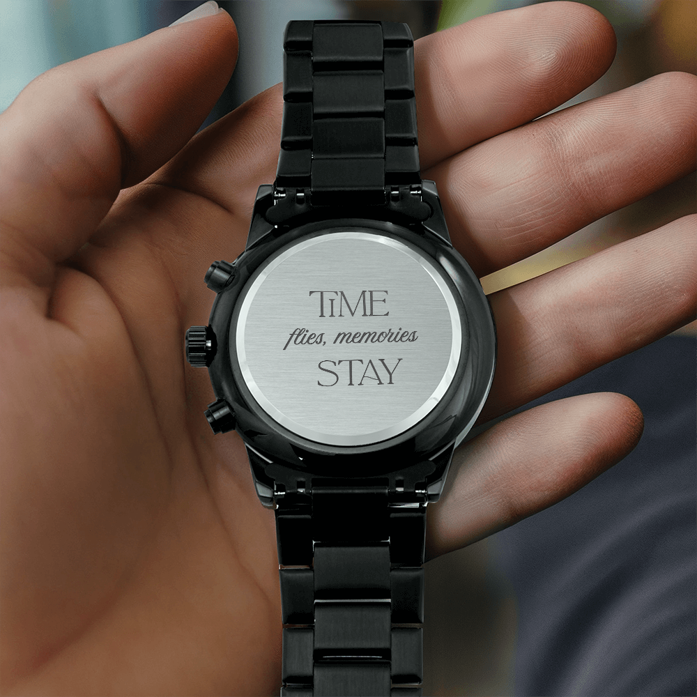 Black Chronograph Watch with Engraving Time flies, memories stay by ShineOn Fulfillment