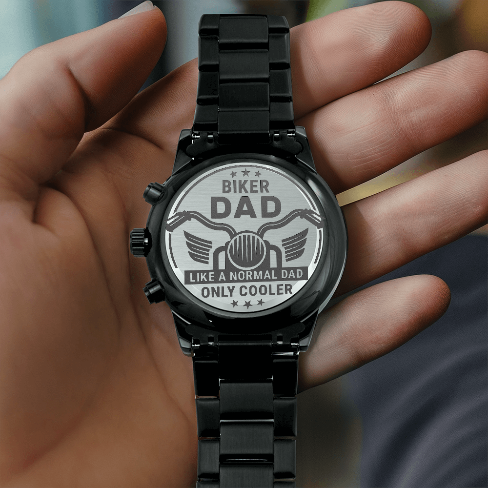 Black Chronograph Watch with Engraving Biker Dad