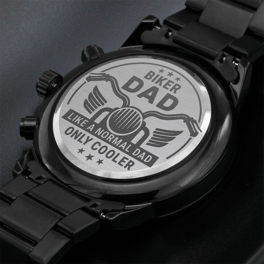 Black Chronograph Watch with Engraving Biker Dad