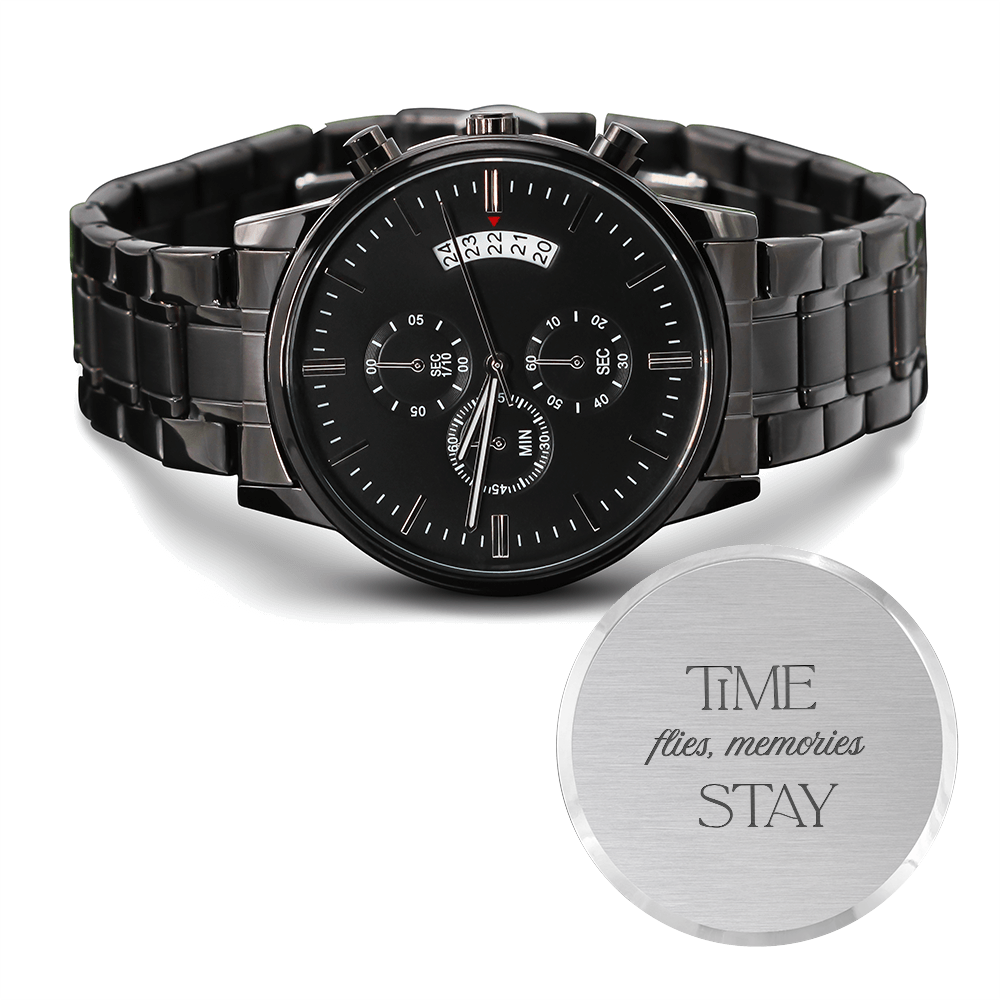 Black Chronograph Watch with Engraving Time flies, memories stay by ShineOn Fulfillment
