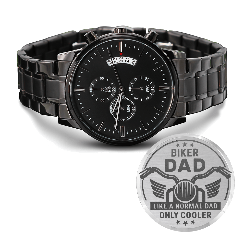 Black Chronograph Watch with Engraving Biker Dad