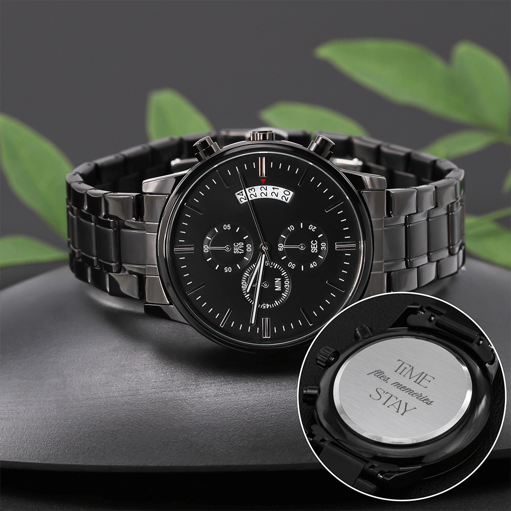 Black Chronograph Watch with Engraving Time flies, memories stay by ShineOn Fulfillment