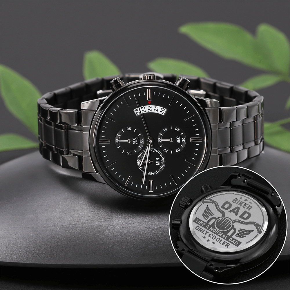 Black Chronograph Watch with Engraving Biker Dad