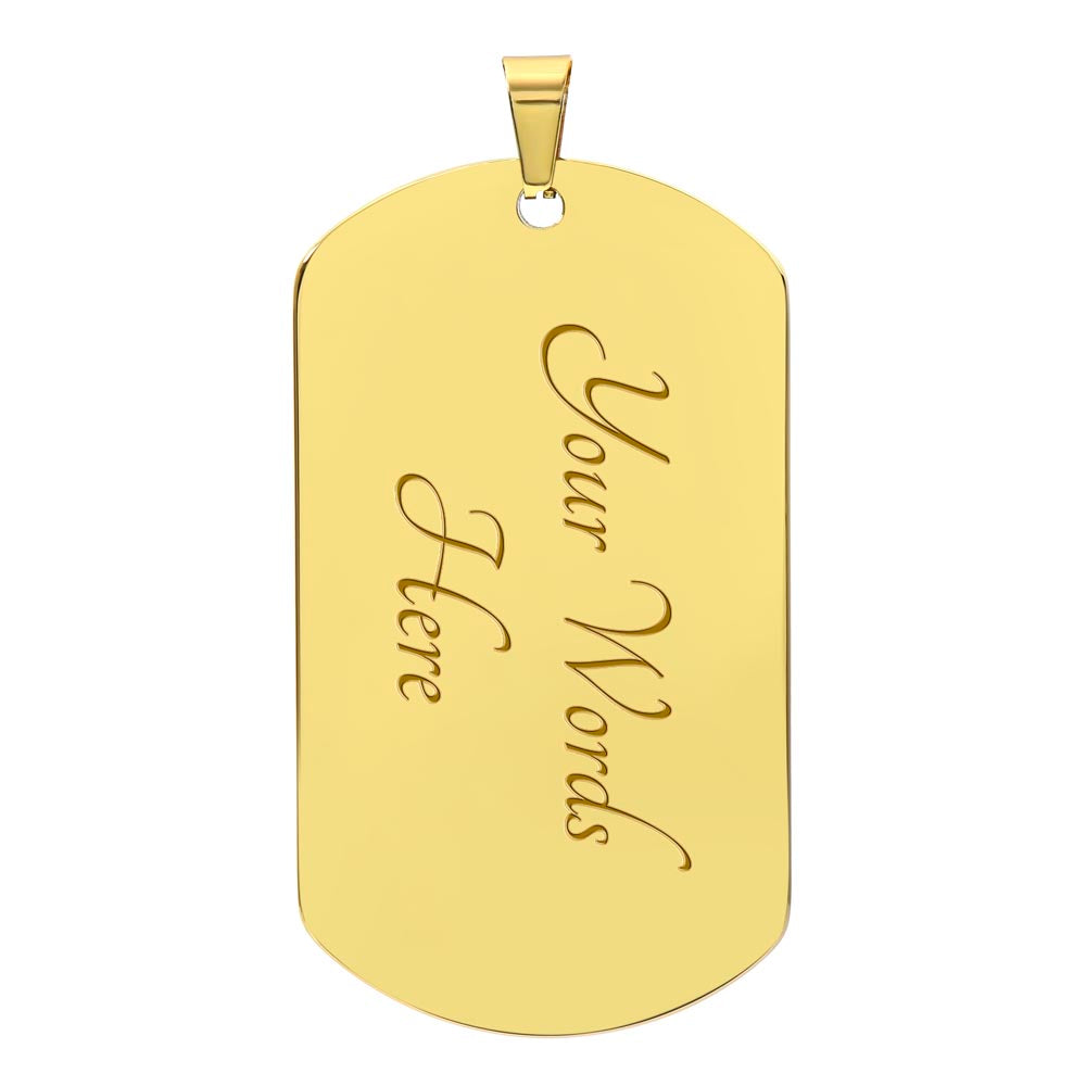 Gold rectangular military chain tag necklace pendant with engraved cursive text reading "Your Words Here".
