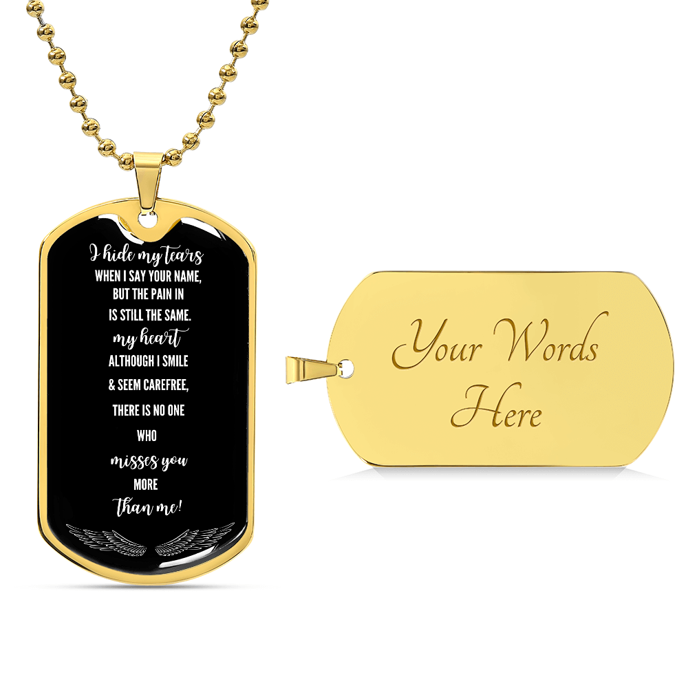 Gold dog tag necklace with black front engraved with grief poem and plain gold back customizable with engraved words.