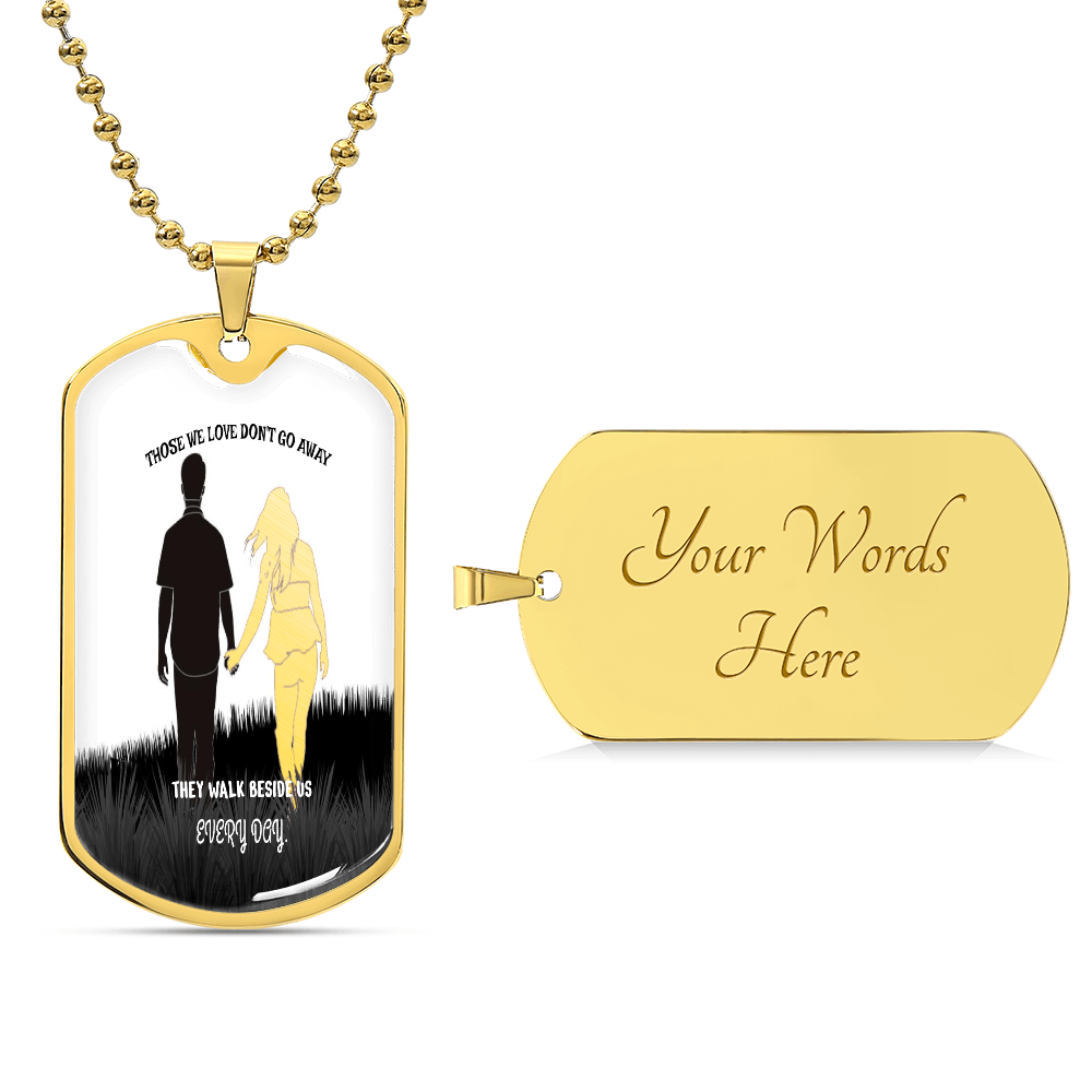Gold military dog tag necklace with engraved silhouette and customizable text on front and back.