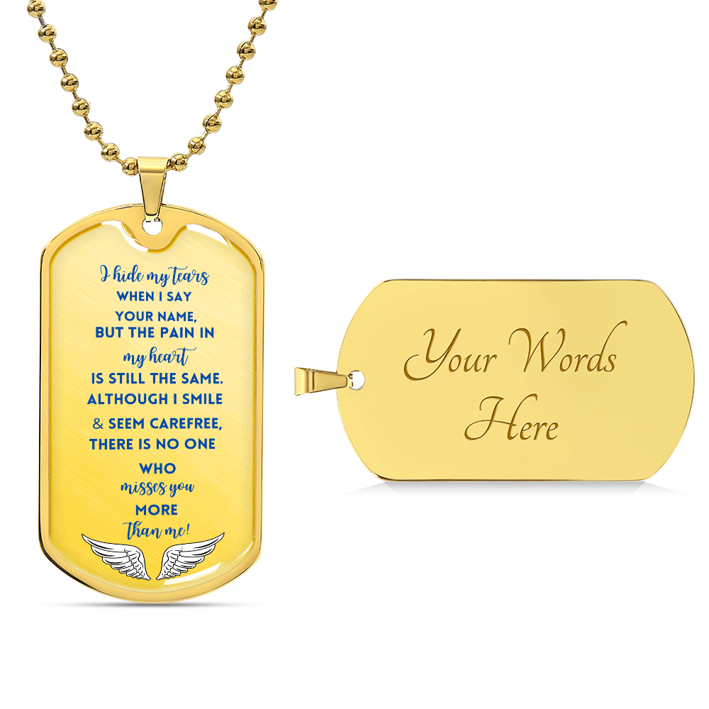 Gold-tone dog tag necklace with engraved sentimental message and customizable name panel, paired with matching gold ball.