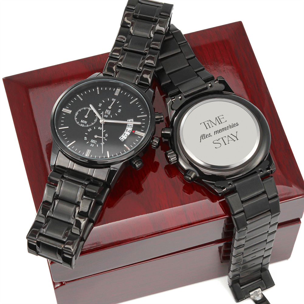 Black Chronograph Watch with Engraving Time flies, memories stay by ShineOn Fulfillment