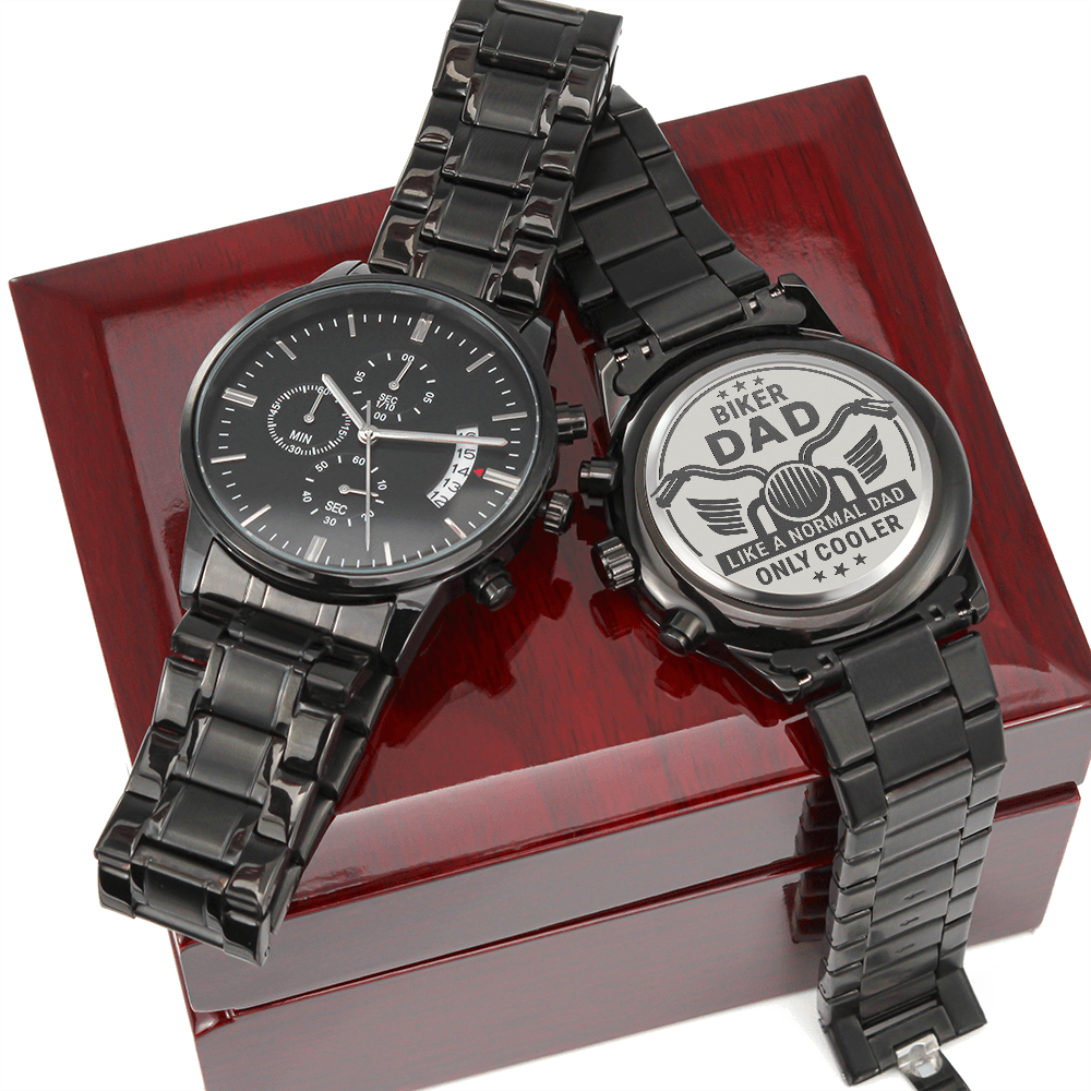 Black Chronograph Watch with Engraving Biker Dad