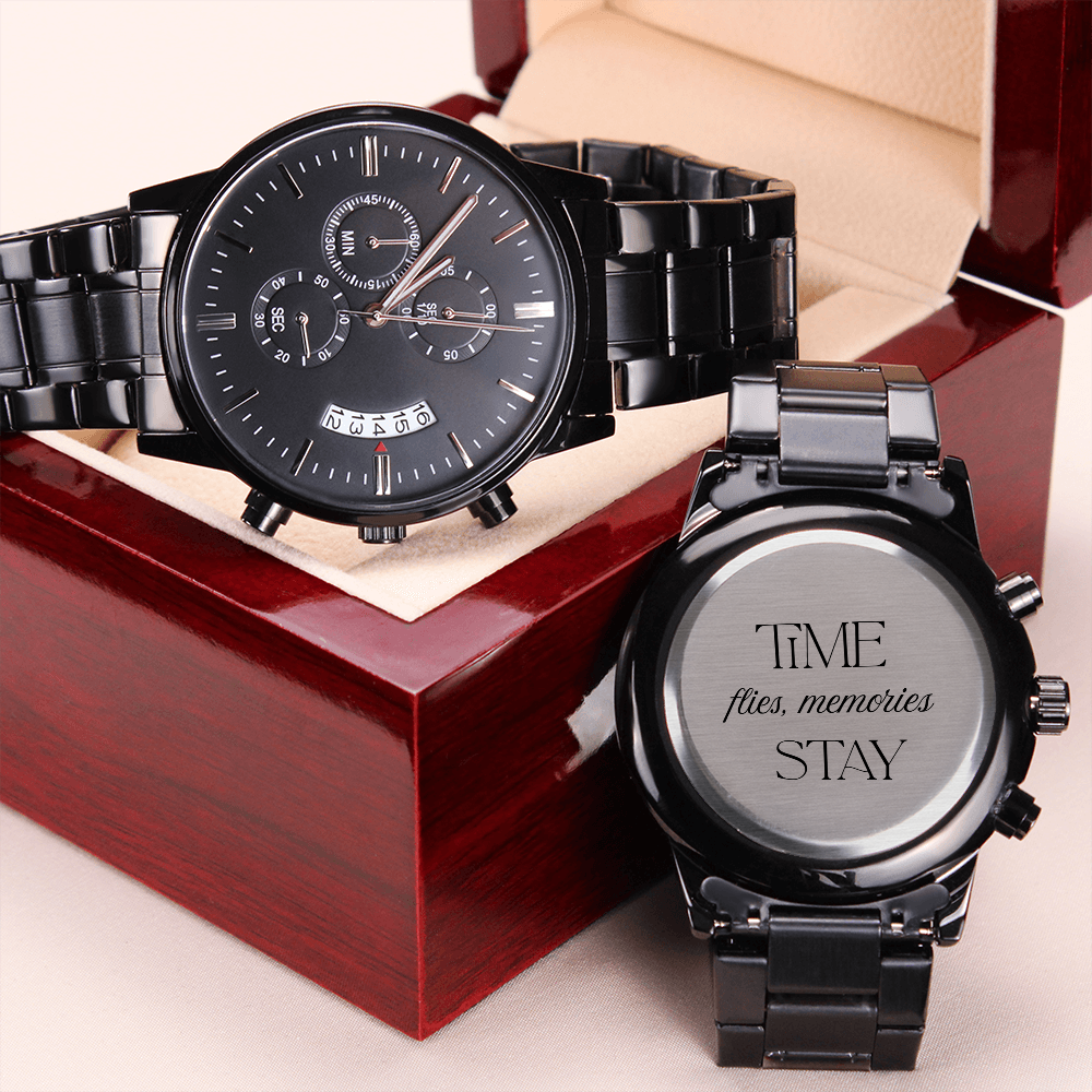 Black Chronograph Watch with Engraving Time flies, memories stay by ShineOn Fulfillment