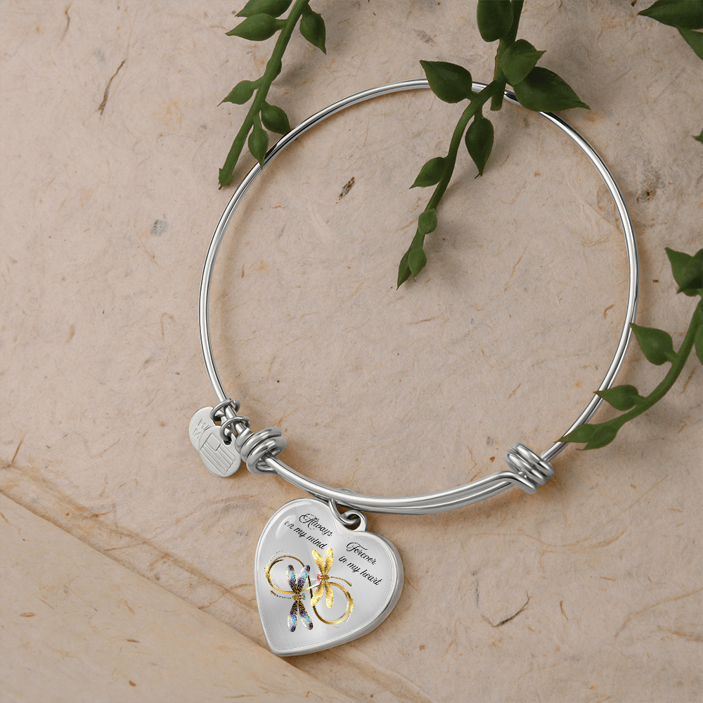 Luxury memorial Heart Bangle forever and always Dragonfly design