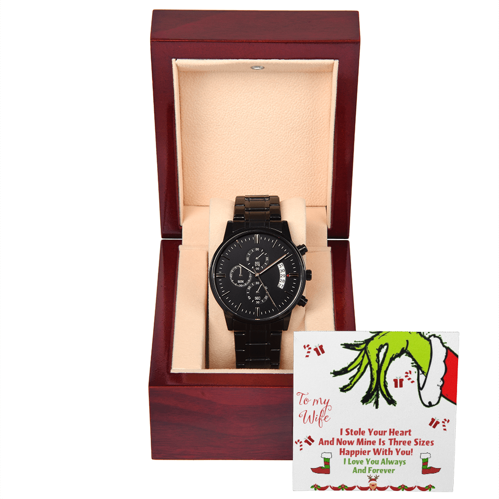 Black Chronograph Watch Christmas Grinch Design Message Card, Gift for Men by ShineOn Fulfillment