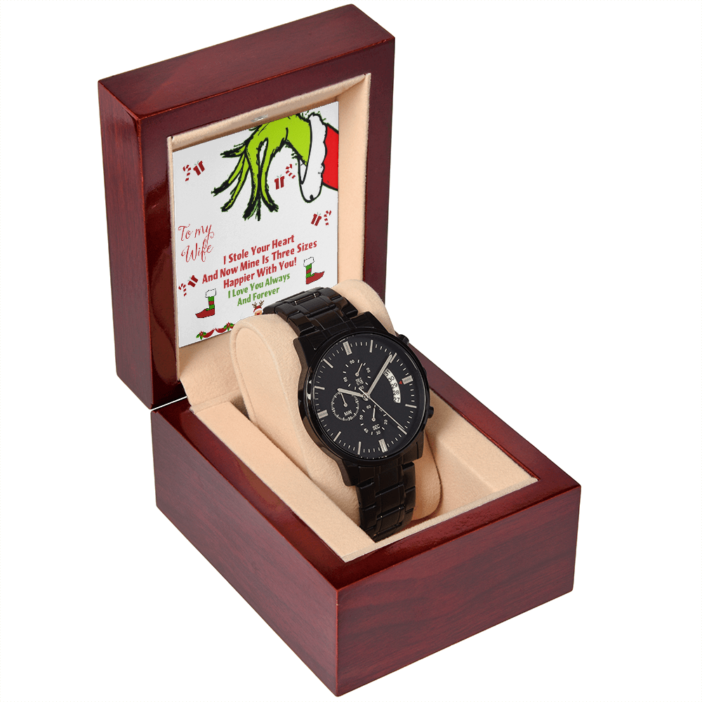 Black Chronograph Watch Christmas Grinch Design Message Card, Gift for Men by ShineOn Fulfillment