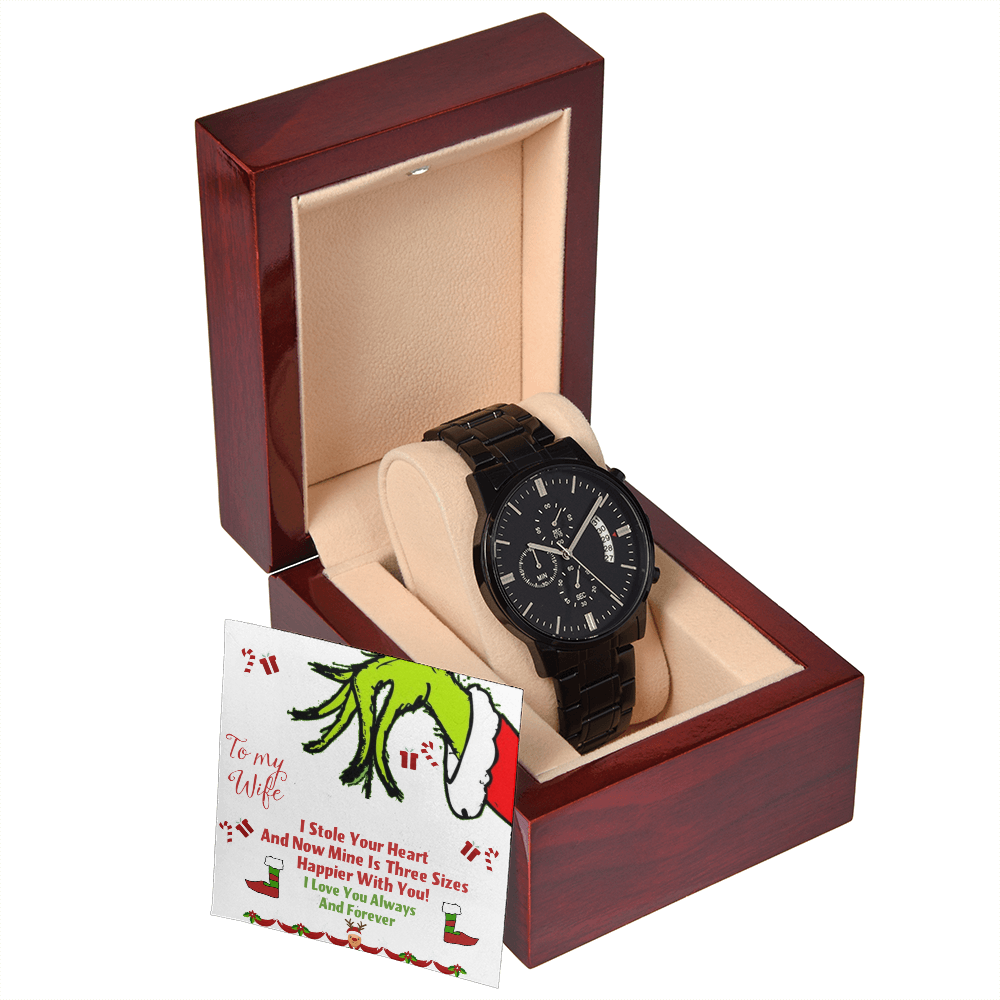 Black Chronograph Watch Christmas Grinch Design Message Card, Gift for Men by ShineOn Fulfillment