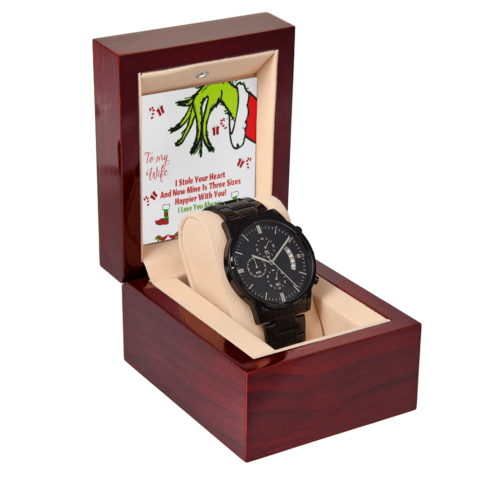 Black Chronograph Watch Christmas Grinch Design Message Card, Gift for Men by ShineOn Fulfillment