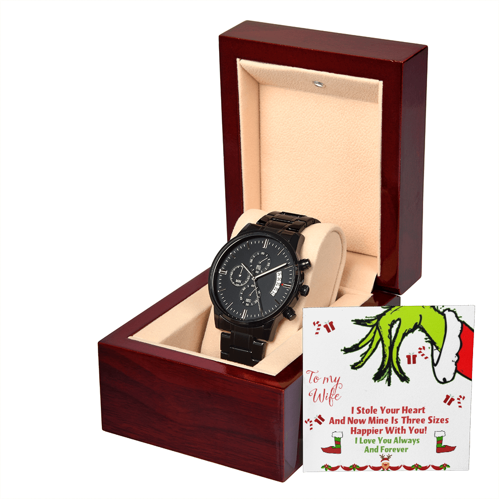 Black Chronograph Watch Christmas Grinch Design Message Card, Gift for Men by ShineOn Fulfillment