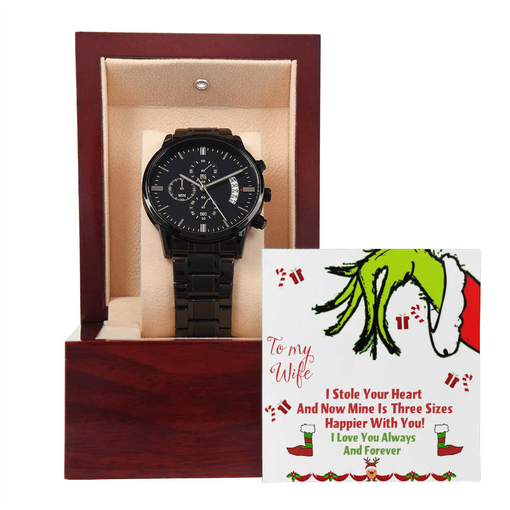 Black Chronograph Watch Christmas Grinch Design Message Card, Gift for Men by ShineOn Fulfillment