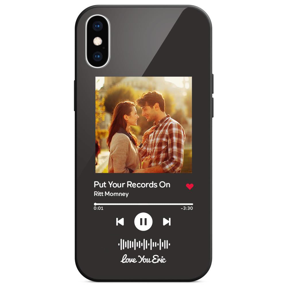 Black iPhone case with an image of a couple and music controls on the back.
