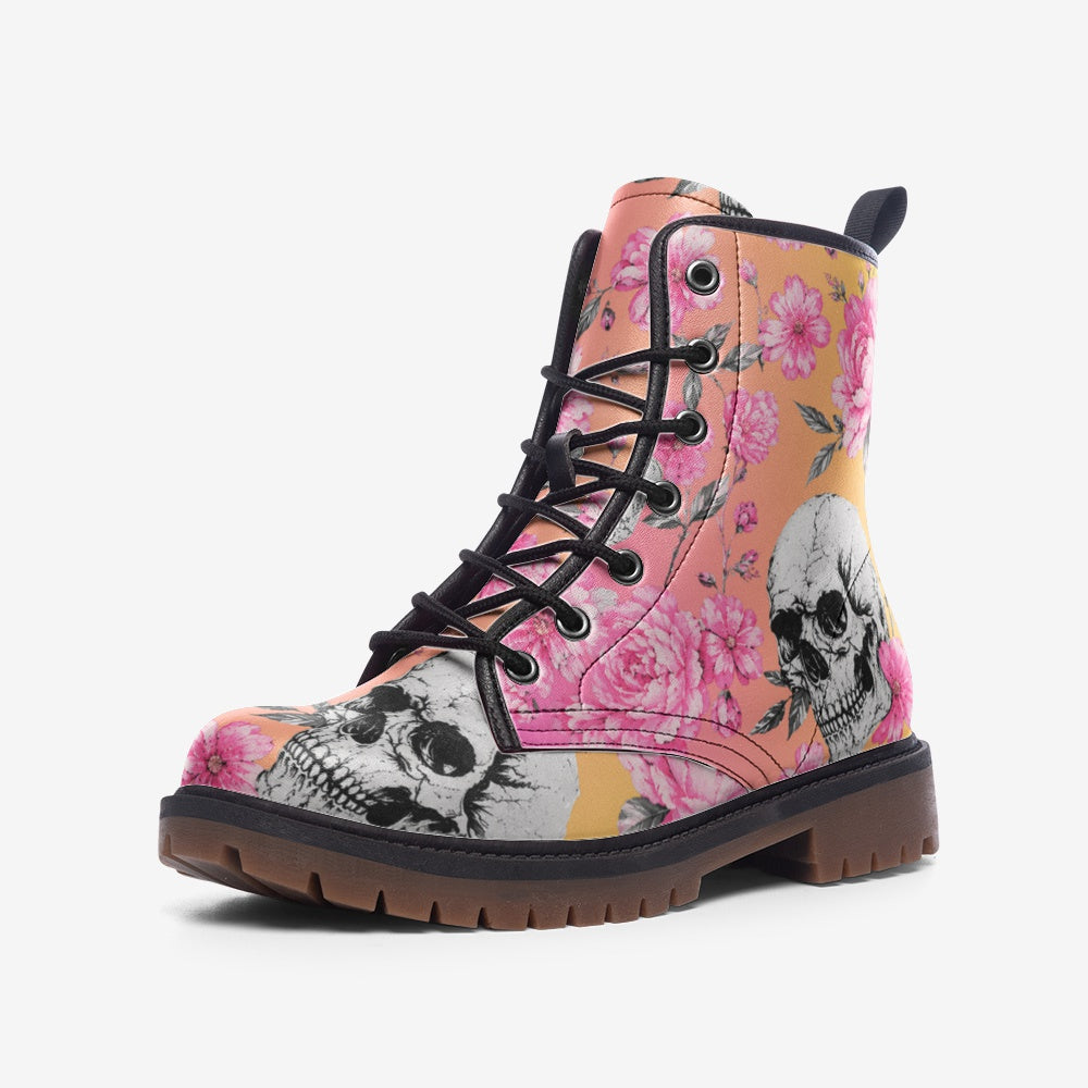 Casual Leather Lightweight boots Pink with Skulls and Flowers Printy6