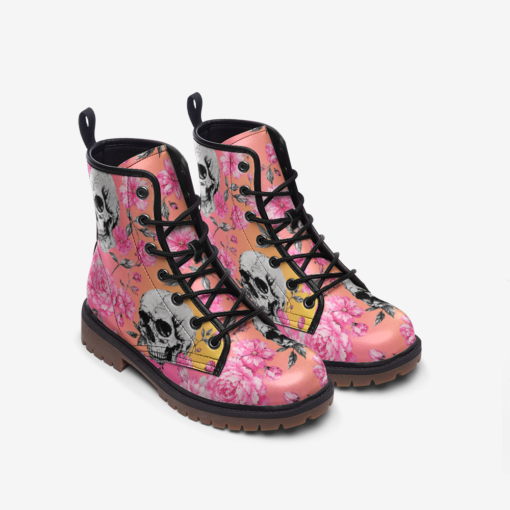 Casual Leather Lightweight boots Pink with Skulls and Flowers Printy6