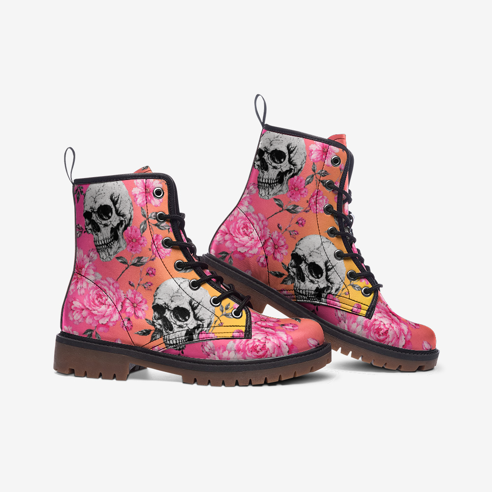 Casual Leather Lightweight boots Pink with Skulls and Flowers Printy6