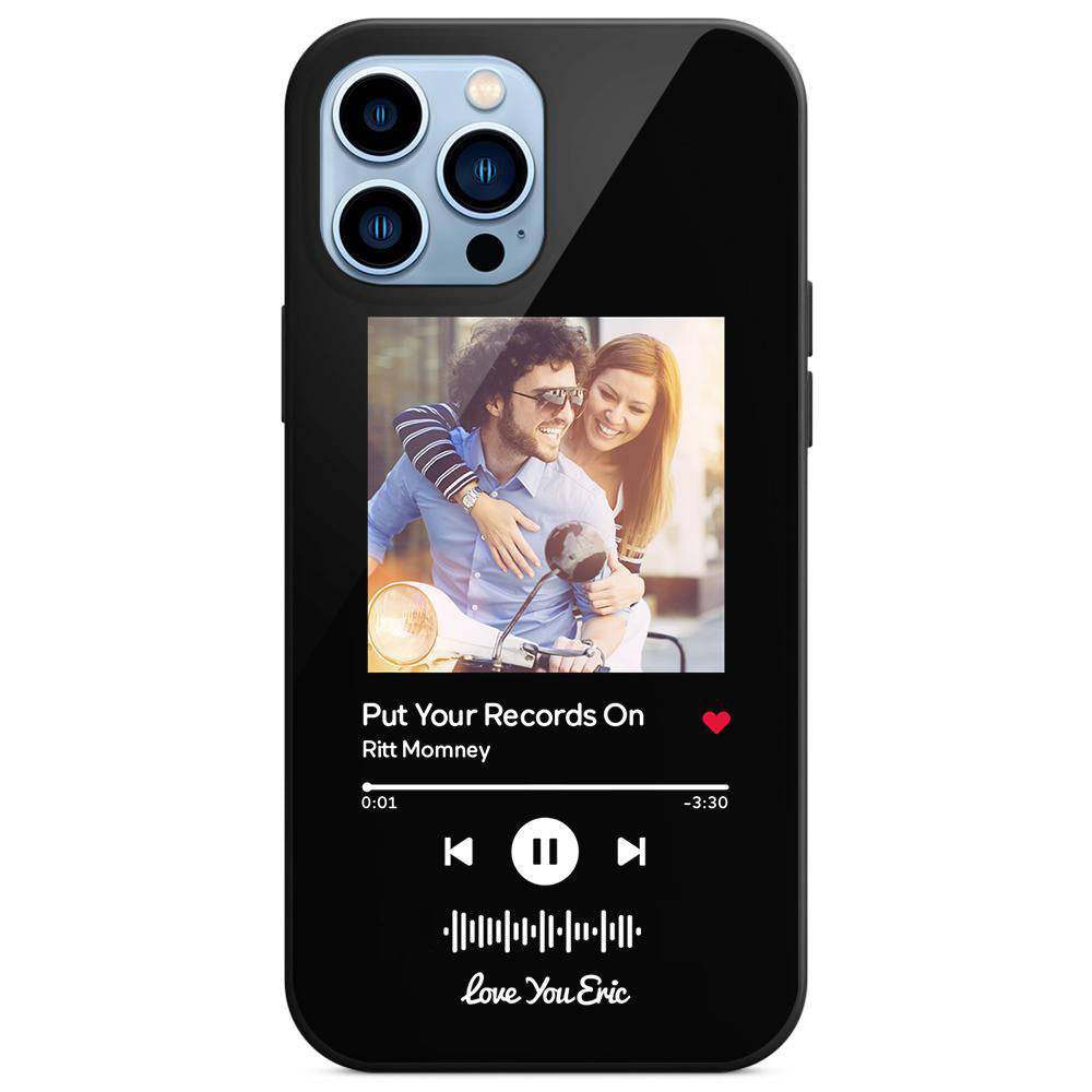 Black iPhone case with a custom music player display featuring a couple on a motorcycle.