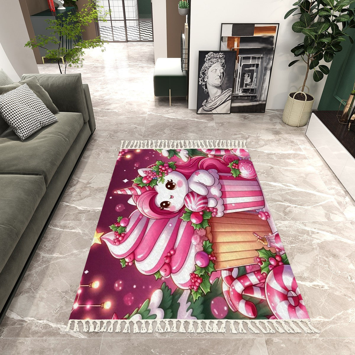 Pink Unicorn Christmas Area Rug with Tassels (8:5) by My Store