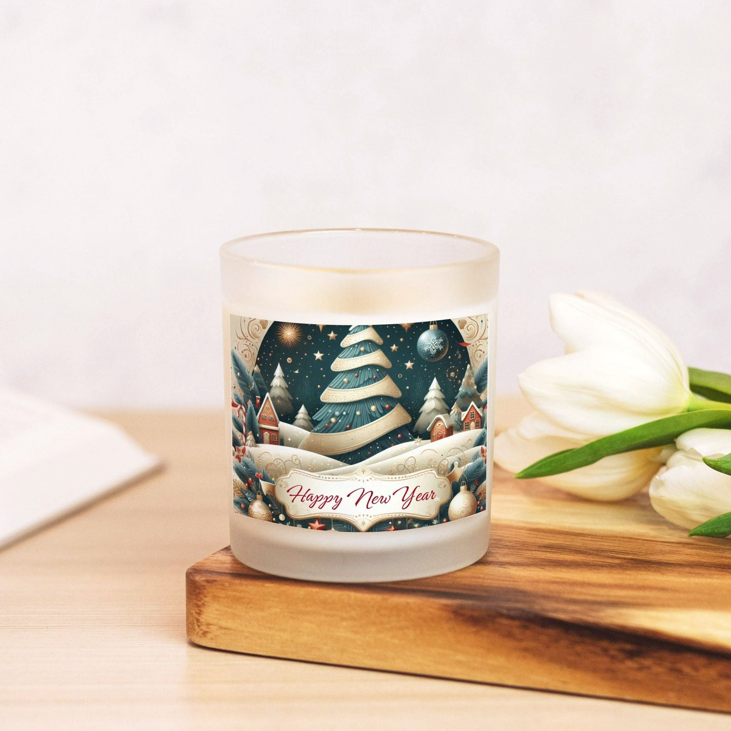 Happy New Year Candle Frosted Glass (Hand Poured 11 oz) by ChristmasLoving.Shop