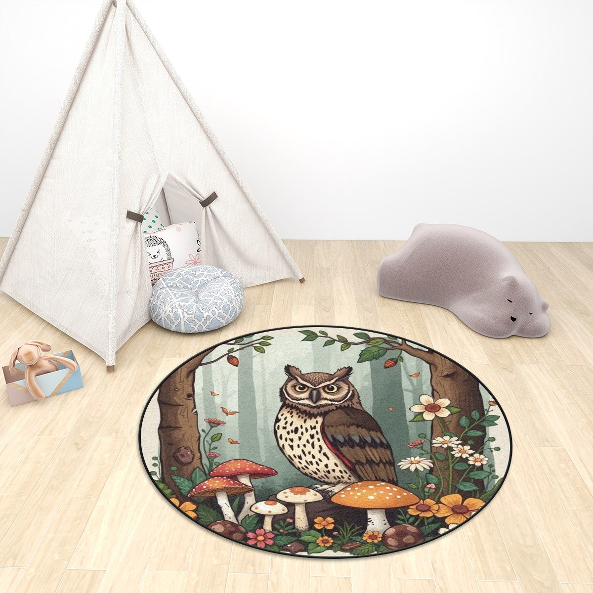 Owl & Forest Plush Round Area Rug – Kids Room Soft Play Mat Nursery Decor JewelryLuxeUS.Shop