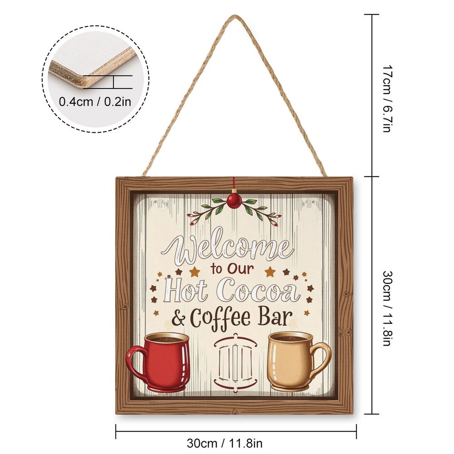 Welcome Coffe Bar Christmas Hot Cocoa Sign Square Wood Wall Decor Hanging Sign-12"x12"/30x30cm by SALE-Personal Design