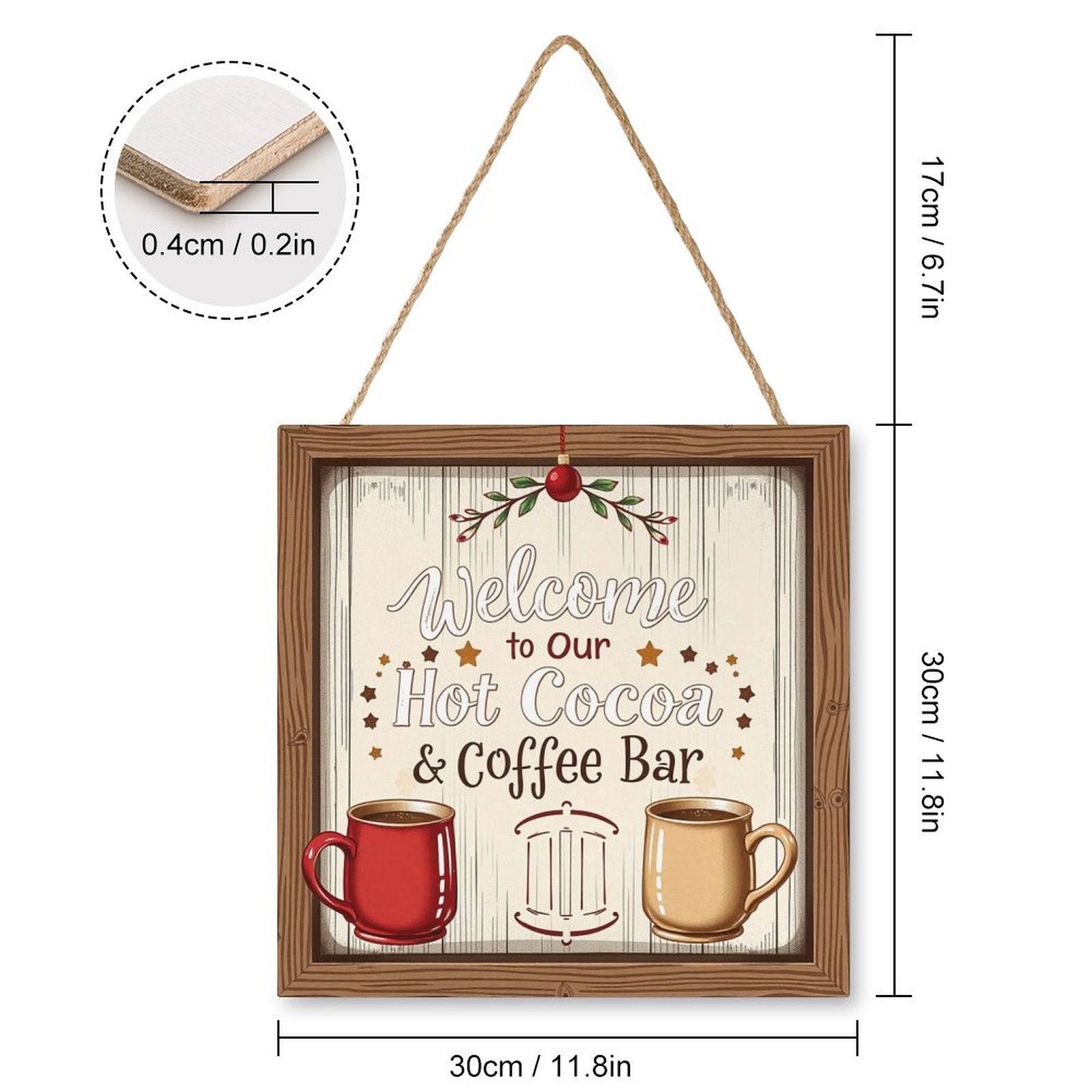 Welcome Coffe Bar Christmas Hot Cocoa Sign Square Wood Wall Decor Hanging Sign-12"x12"/30x30cm by SALE-Personal Design