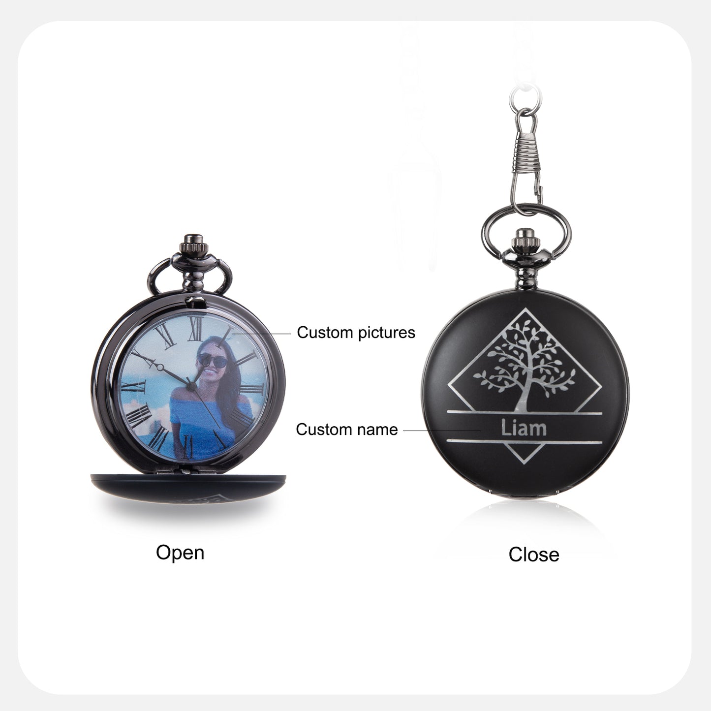 Black pocket watch with customizable photo on dial and engraved name "Liam" on closed lid.