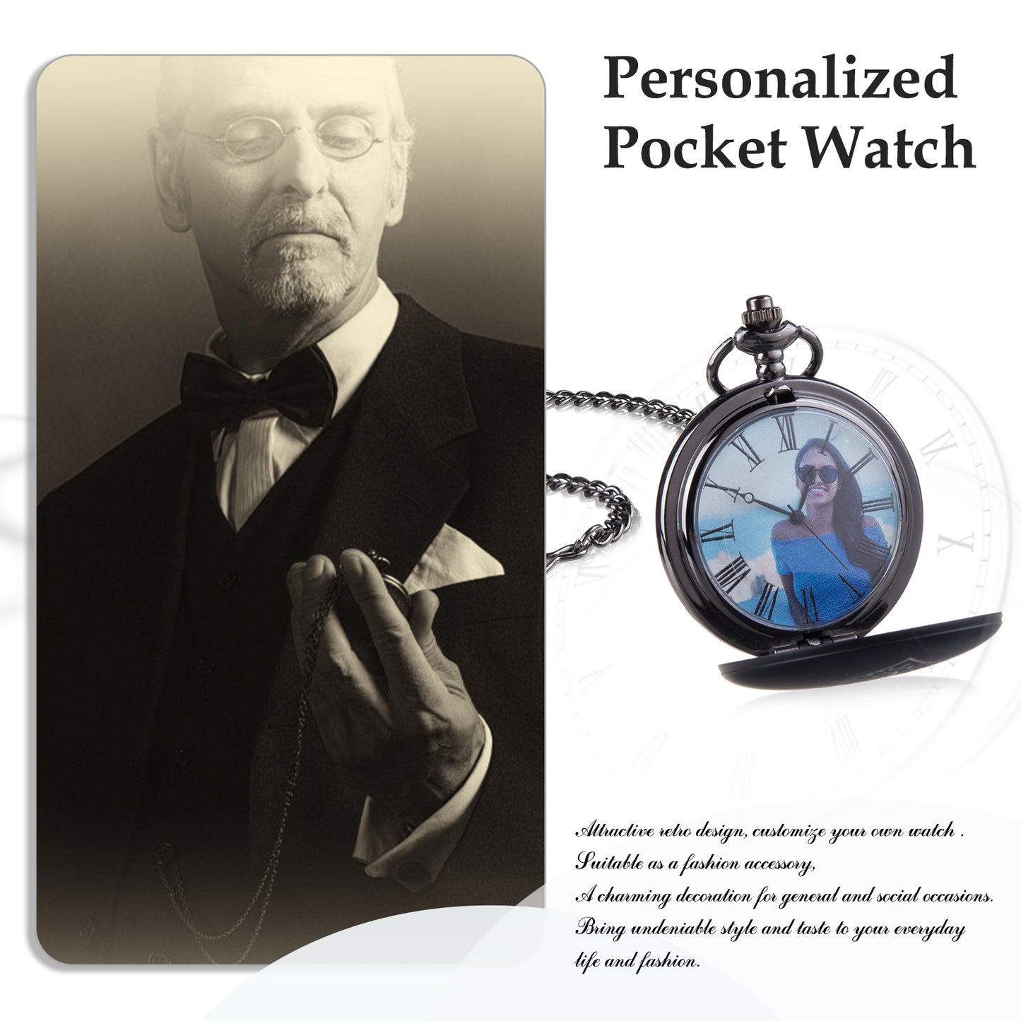 Silver pocket watch with hinged cover showing a customizable photo inside and attached chain.
