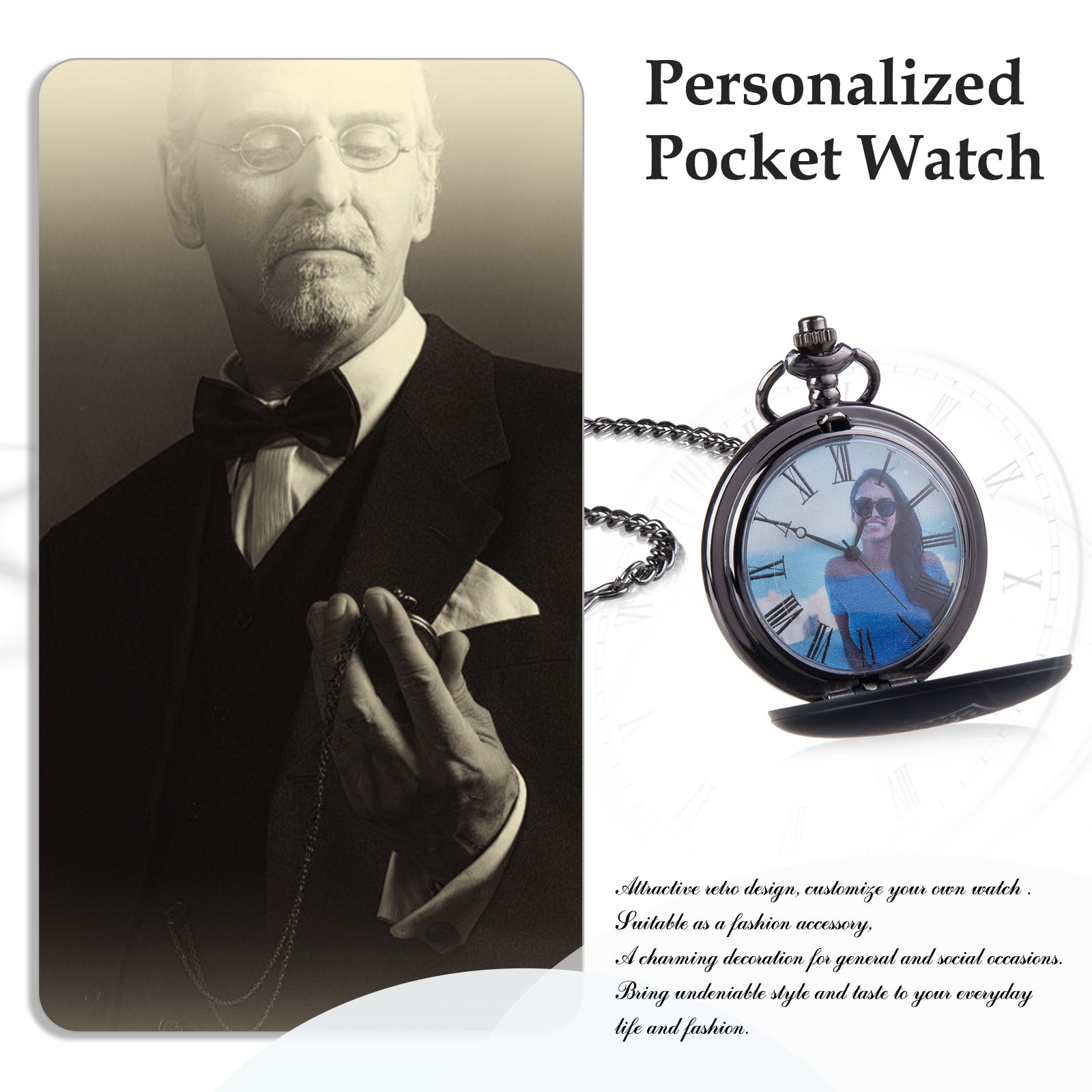 Silver pocket watch with hinged cover showing a customizable photo inside and attached chain.