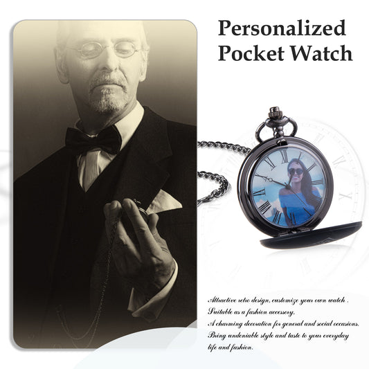 Silver pocket watch with hinged cover showing a customizable photo inside and attached chain.