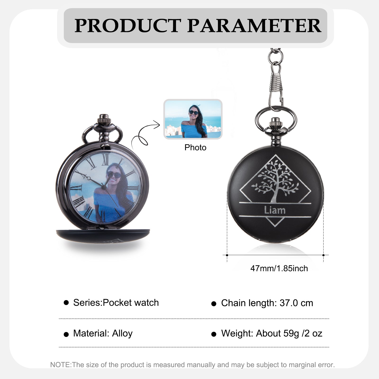 Customizable black alloy pocket watch with tree design and name engraving, 47mm diameter.
