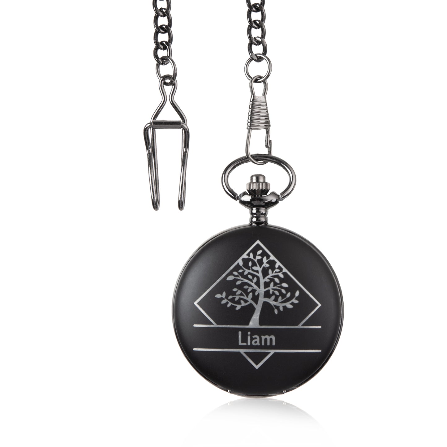 Black pocket watch with silver tree design and the name "Liam" engraved on front, attached to silver chain.