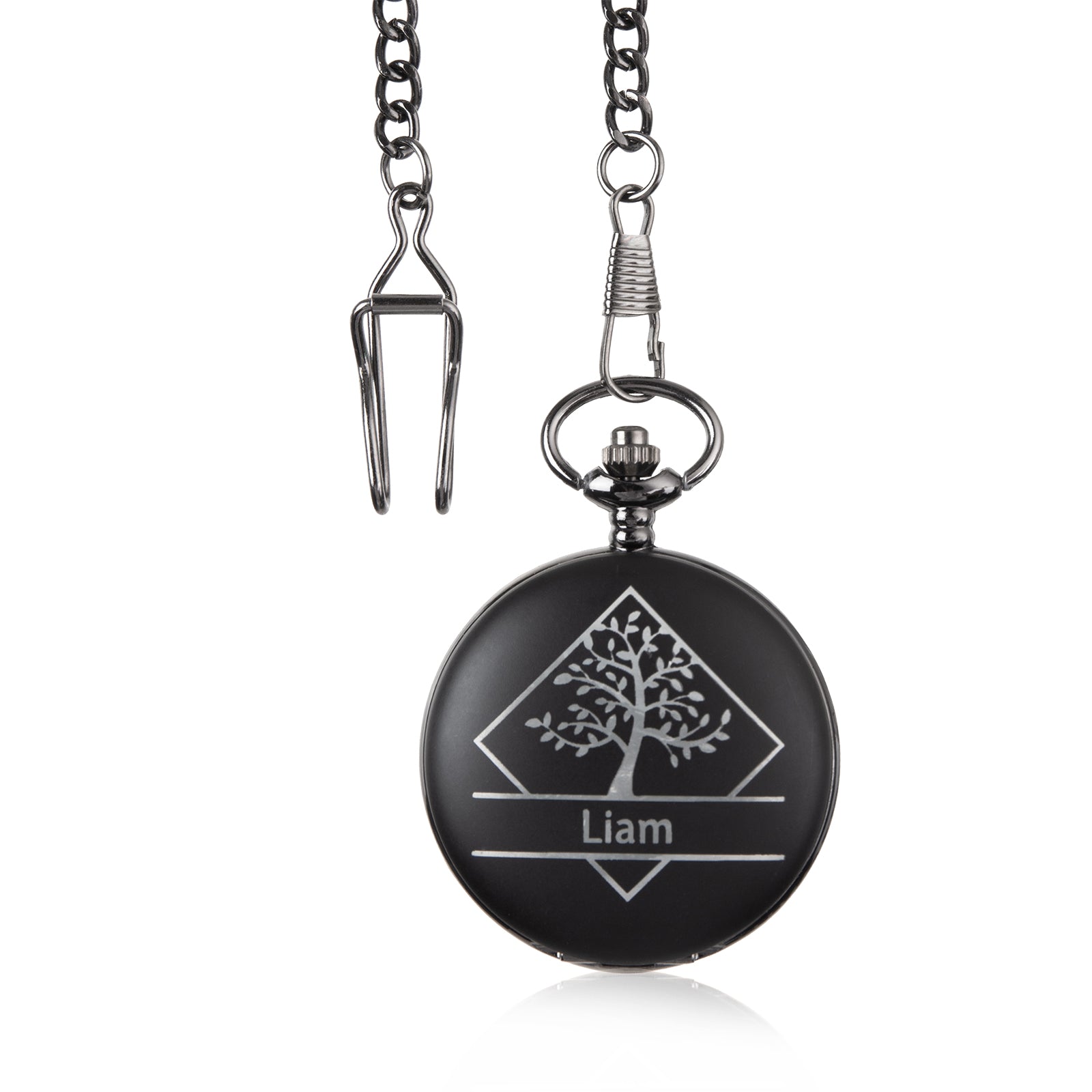 Black pocket watch with silver tree design and the name "Liam" engraved on front, attached to silver chain.